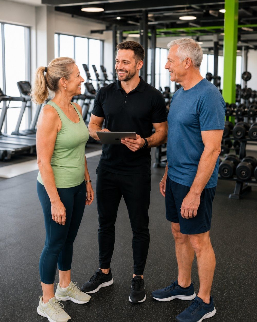 Mobile hero image showing a friendly Helfi trainer helping mature gym members inside a supportive Woolloongabba Brisbane gym environment.