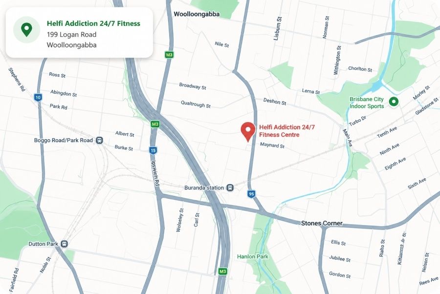 Map showing Helfi gym location in Woolloongabba Brisbane near Coorparoo Stones Corner and Greenslopes