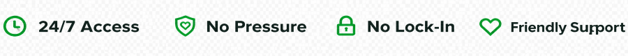 Helfi gym reassurance icons showing 24/7 access, no pressure, no lock-in and friendly support