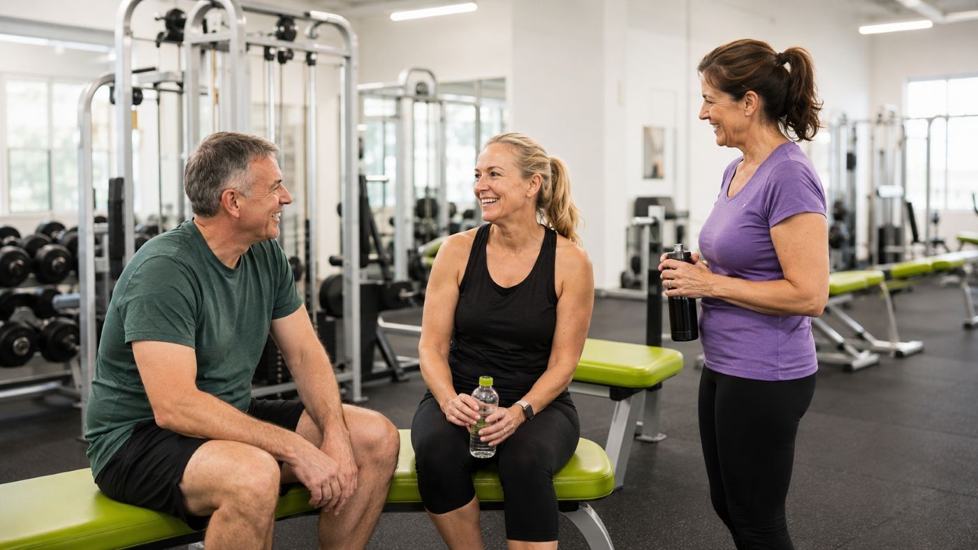 Helfi gym members smiling and connecting in a friendly Woolloongabba Brisbane gym environment mobile.