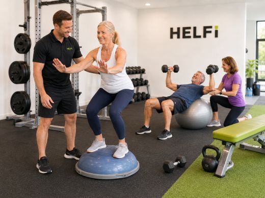 Core strength mobility and stability training at Helfi gym in Woolloongabba Brisbane with a member standing on a Bosu ball and supportive coaching nearby.