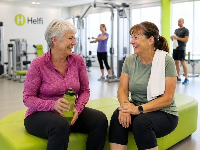 Two women chatting comfortably inside a bright gym at Helfi in Woolloongabba Brisbane, representing a supportive and welcoming member experience.