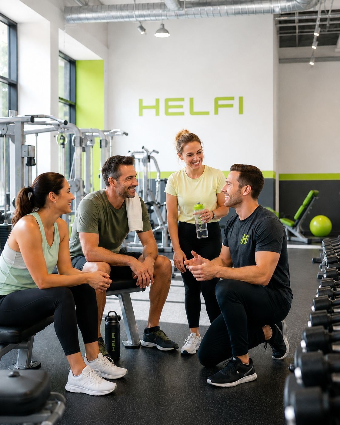 Friendly members and trainer talking inside Helfi gym in Woolloongabba Brisbane with a clean gym background and welcoming atmosphere.