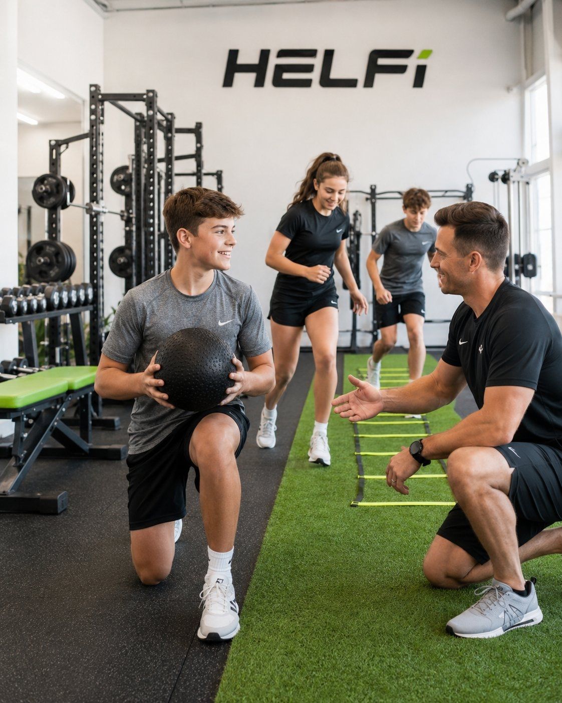 Mobile hero image for Helfi youth fitness and sports training in Woolloongabba Brisbane showing supervised age-appropriate exercise for teenagers.