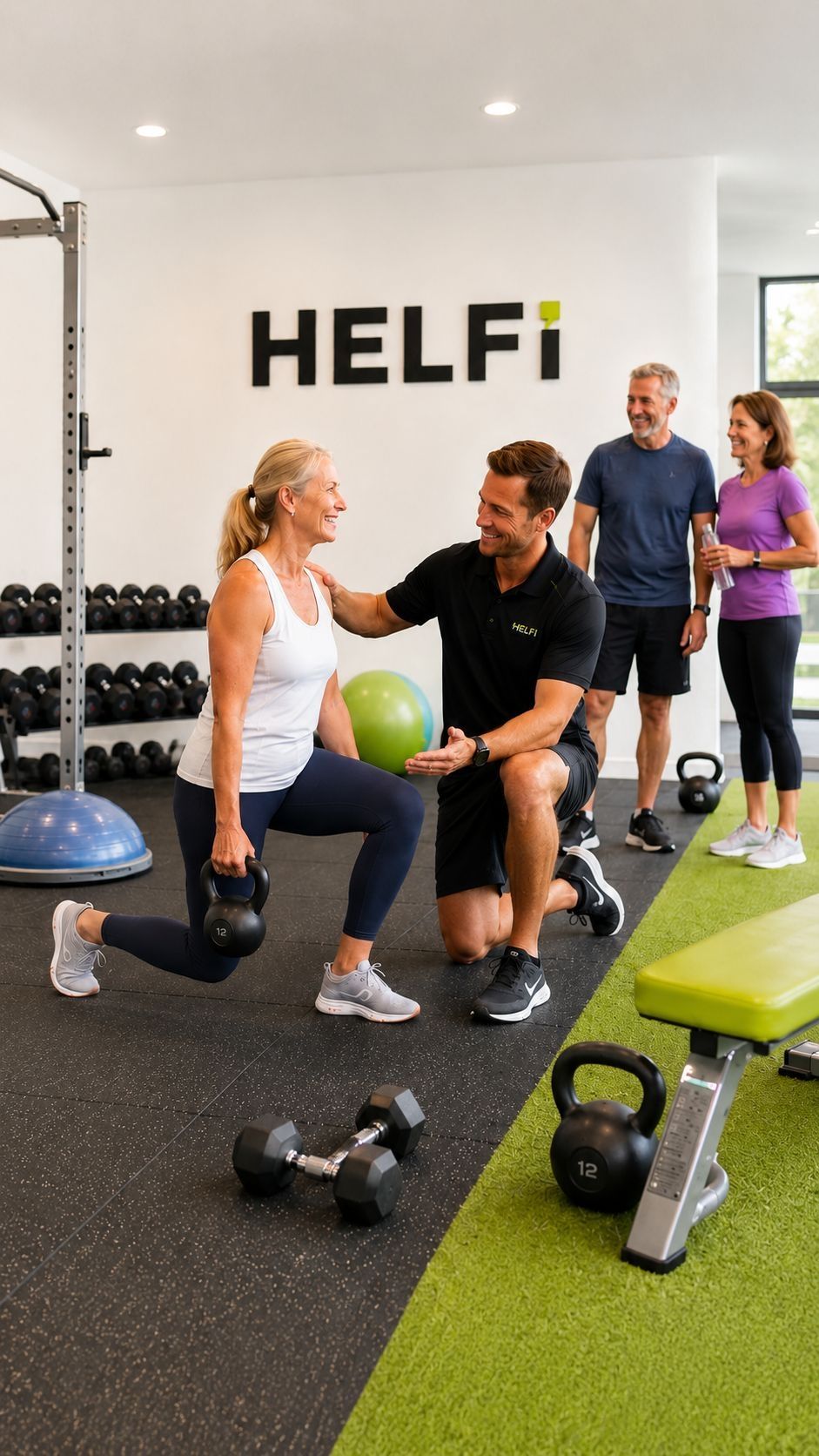 Mobile hero image for Helfi specialised fitness services in Woolloongabba Brisbane showing supportive coaching in a friendly local gym.