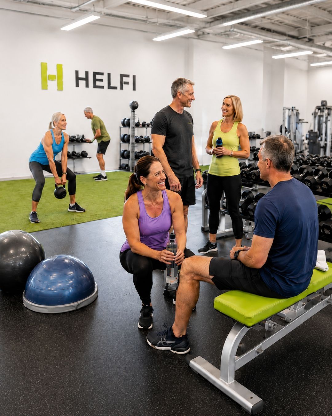 Friendly mature adults at Helfi gym in Woolloongabba Brisbane with free weights, turf flooring, bosu equipment and a supportive community feel.