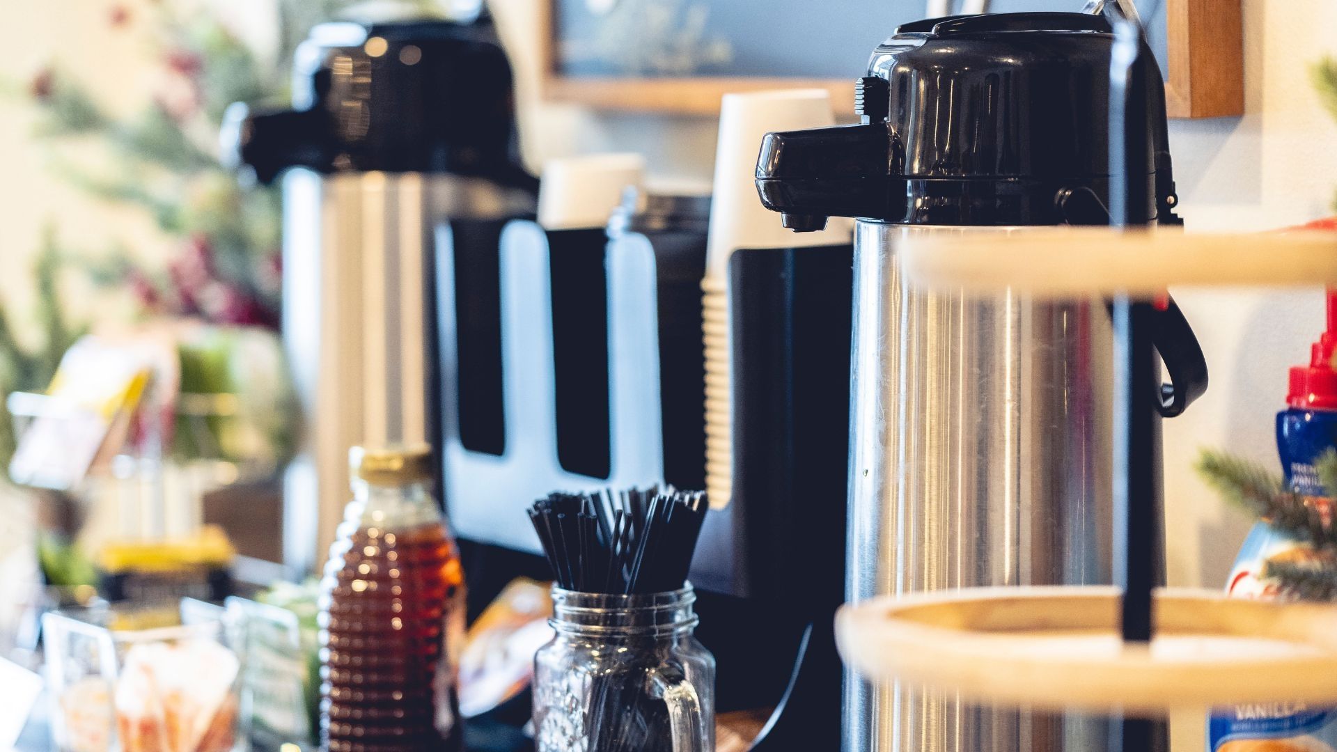 Beverage station showing coffee and tea. 