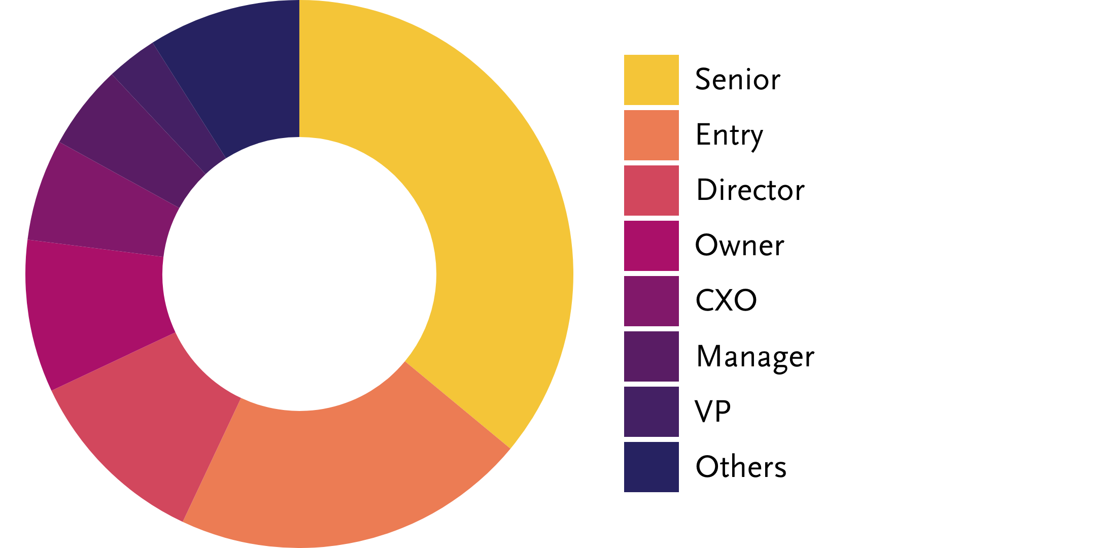 Pie chart showing that most of our audience is at the Senior level, followed by entry level, director, over, CXO, manager, VP, and others.