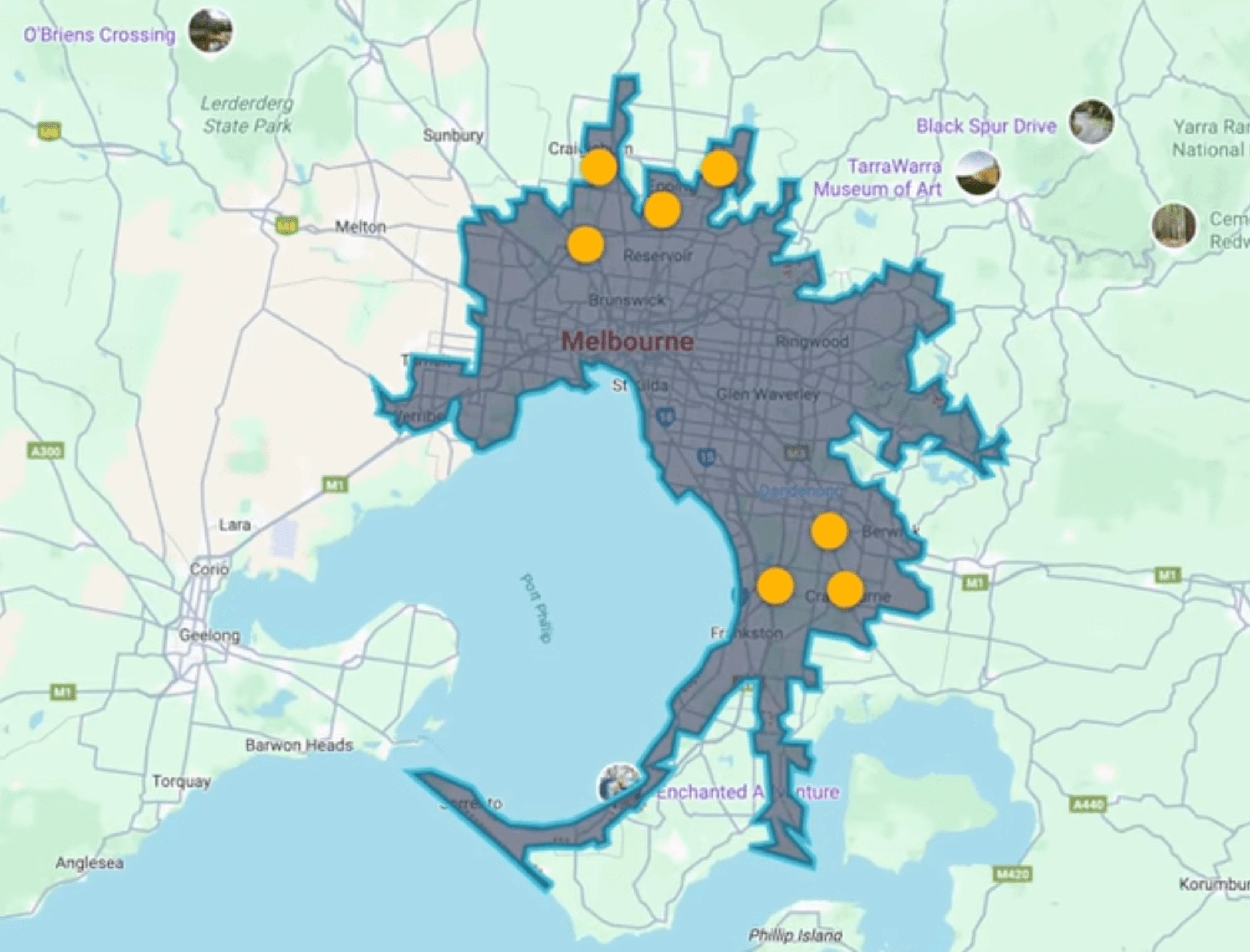 Map of Melbourne showing highlighted suburban growth zones with yellow markers across northern, southeastern, and coastal corridors.