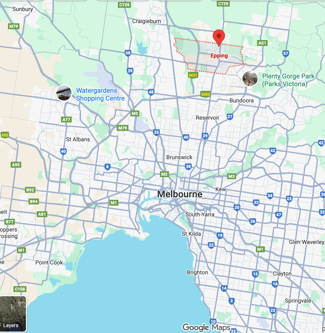 Map showing Epping in Melbourne’s northern suburbs, highlighting its proximity to major hospitals, La Trobe University, RMIT Bundoora, and surrounding employment hubs.