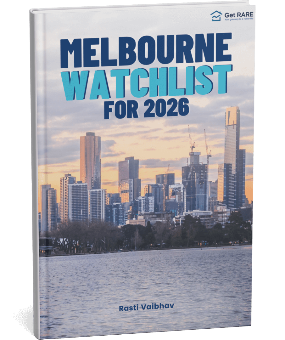 Book cover titled “Melbourne Watchlist for 2026” featuring Melbourne city skyline with tall buildings and a lake in the foreground.