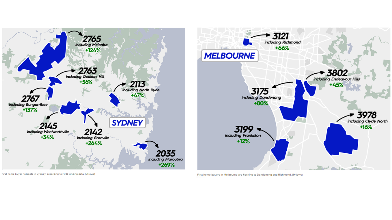 Map showing popular regions for first home buyers in Australia.