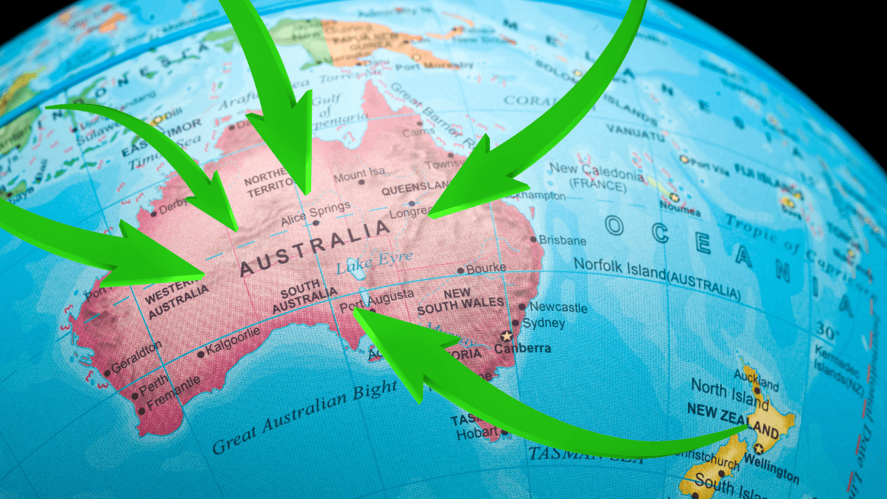 Arrows pointing towards Australia on a globe