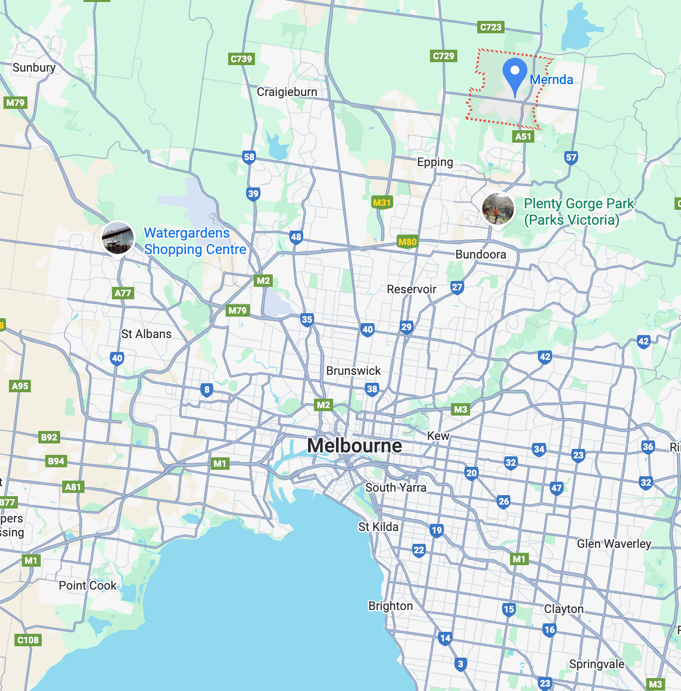 Map showing Mernda in Melbourne’s northern suburbs, highlighting its rail connection to the CBD and proximity to key employment hubs such as Epping, La Trobe University, and Northern Hospital.