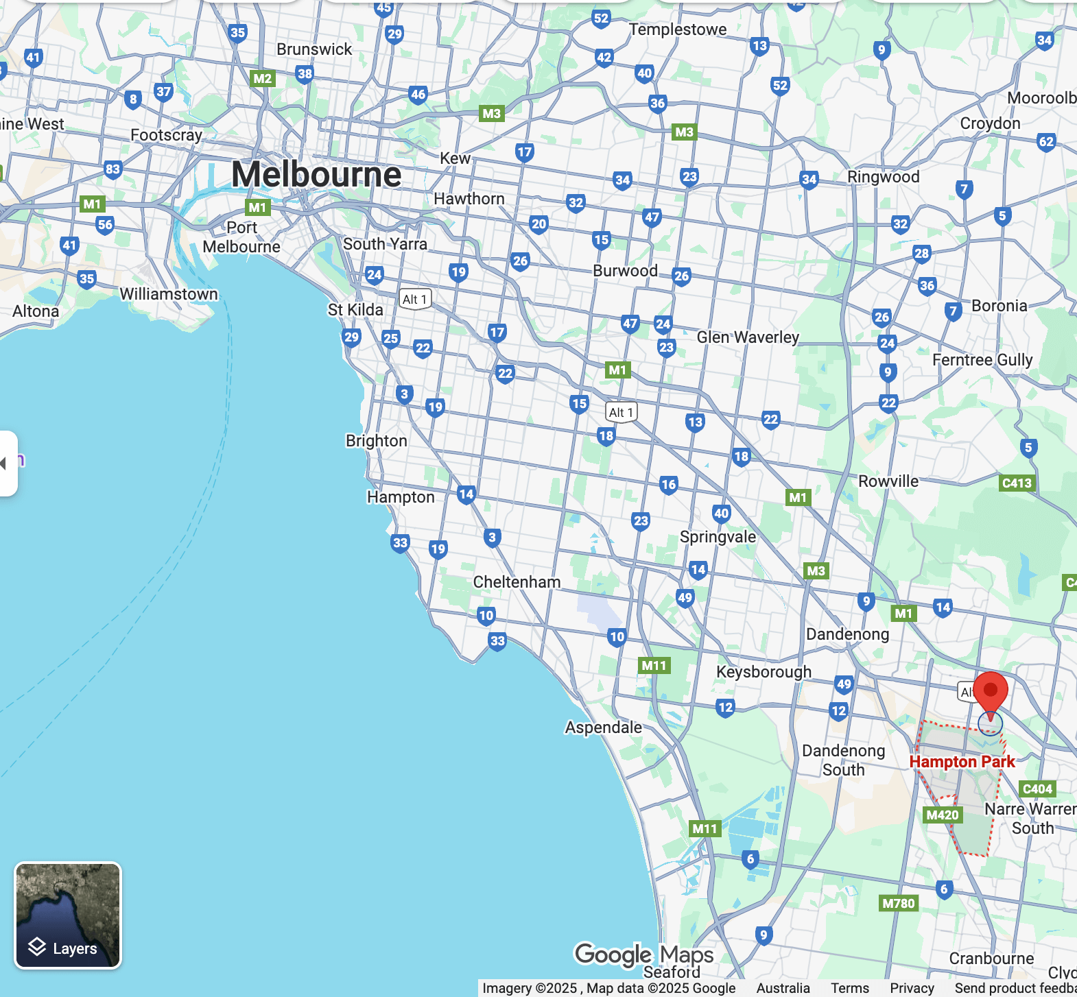 Map showing the location of Hampton Park in Melbourne’s southeast, highlighting its proximity to Dandenong, Cranbourne, rail links, and surrounding suburbs.