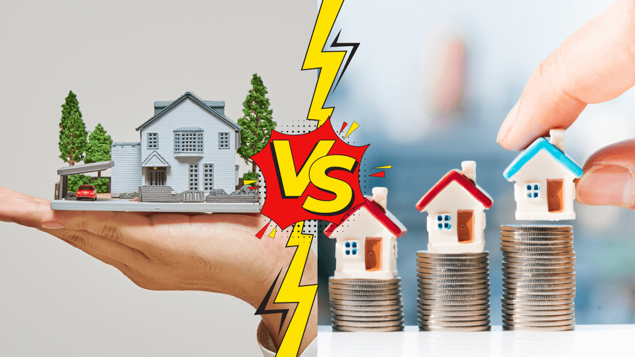 Before and after visual of growing a property portfolio using equity leverage, expanding from 1 to 4 or 5 properties