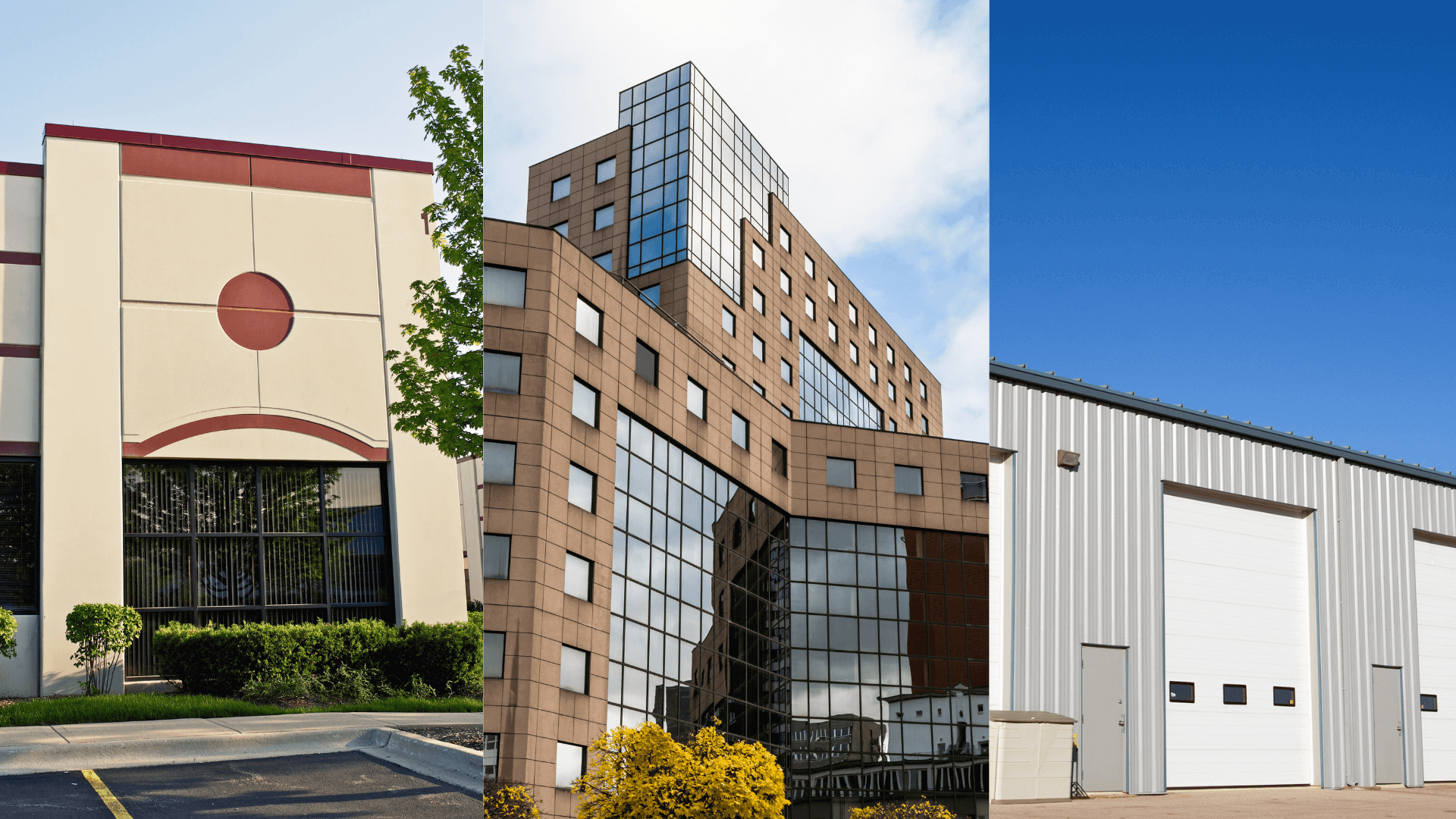 A collage of various types of commercial properties, including office buildings, retail spaces, and industrial units, highlighting the range of investment options.
