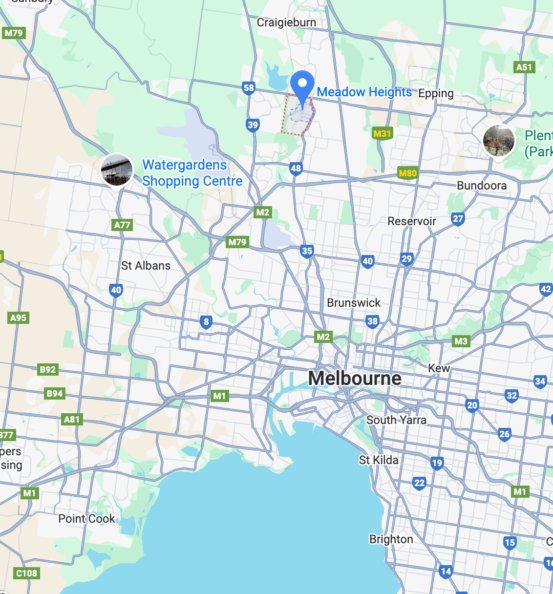 Map showing Meadow Heights in Melbourne’s northern suburbs, highlighting its proximity to major roads, Melbourne Airport, and nearby centres like Epping and Broadmeadows.