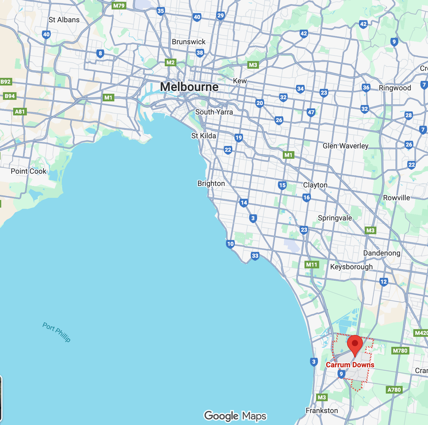 Map showing Carrum Downs in Melbourne’s southeast near Frankston, highlighting its location close to Peninsula Link, EastLink, and the Nepean Highway.