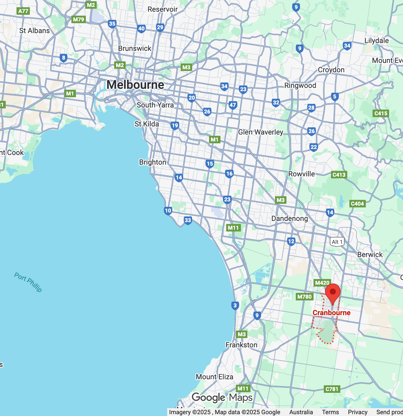 Map showing Cranbourne in Melbourne’s southeast, highlighting its position within the Casey growth corridor near major roads, hospitals, and rail links.