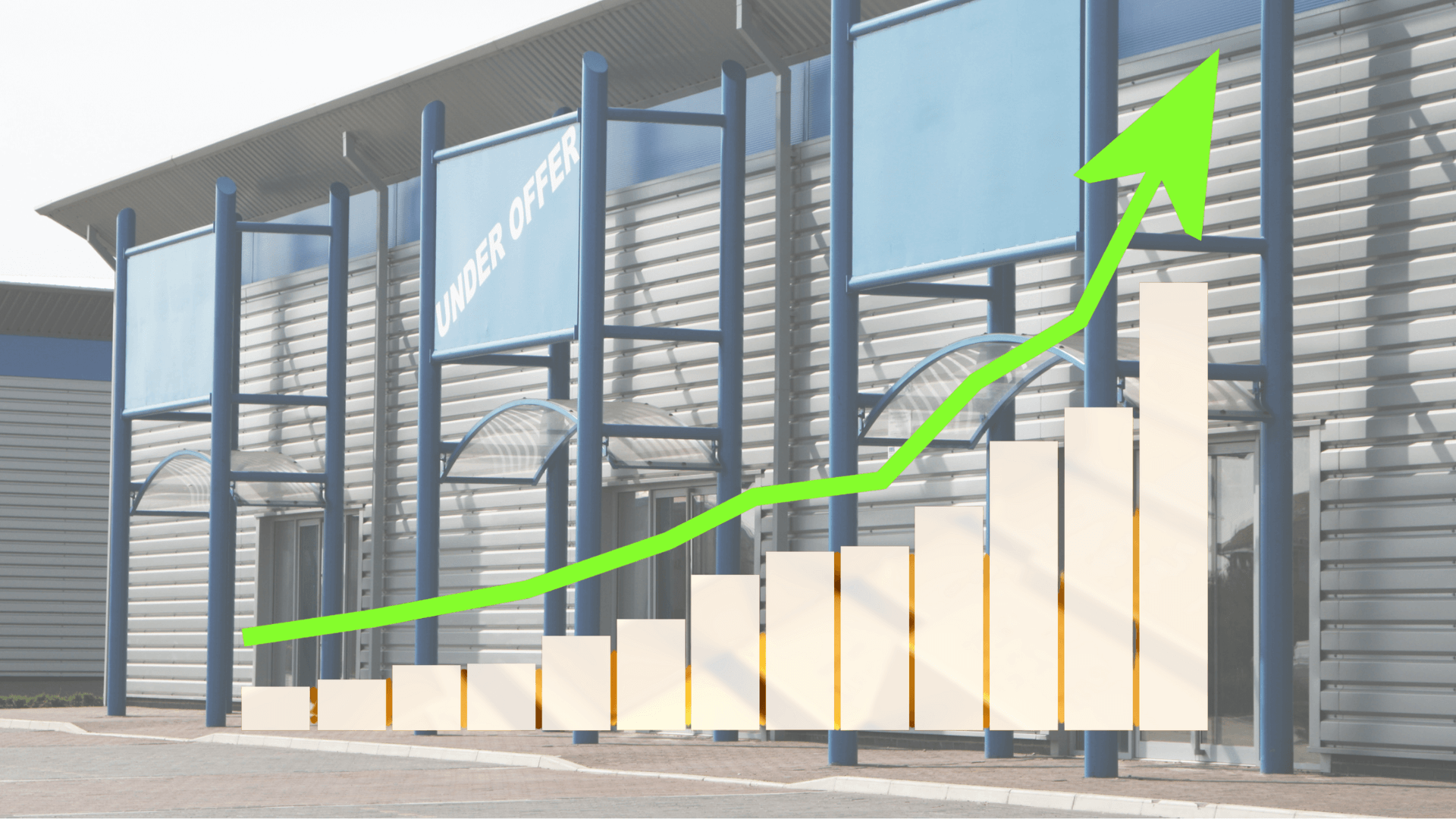 A rising graph overlaying an image of commercial properties, illustrating the potential for capital growth and return on investment.