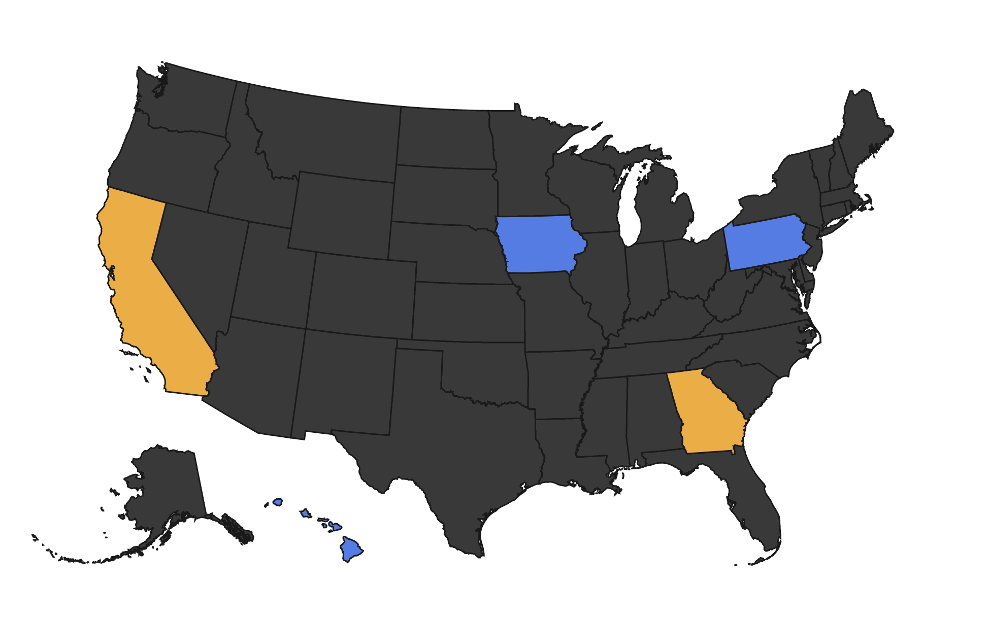 Map of the United States highlighting California and Georgia (success stories) and Hawaiʻi, Iowa and Pennsylvania (current work)