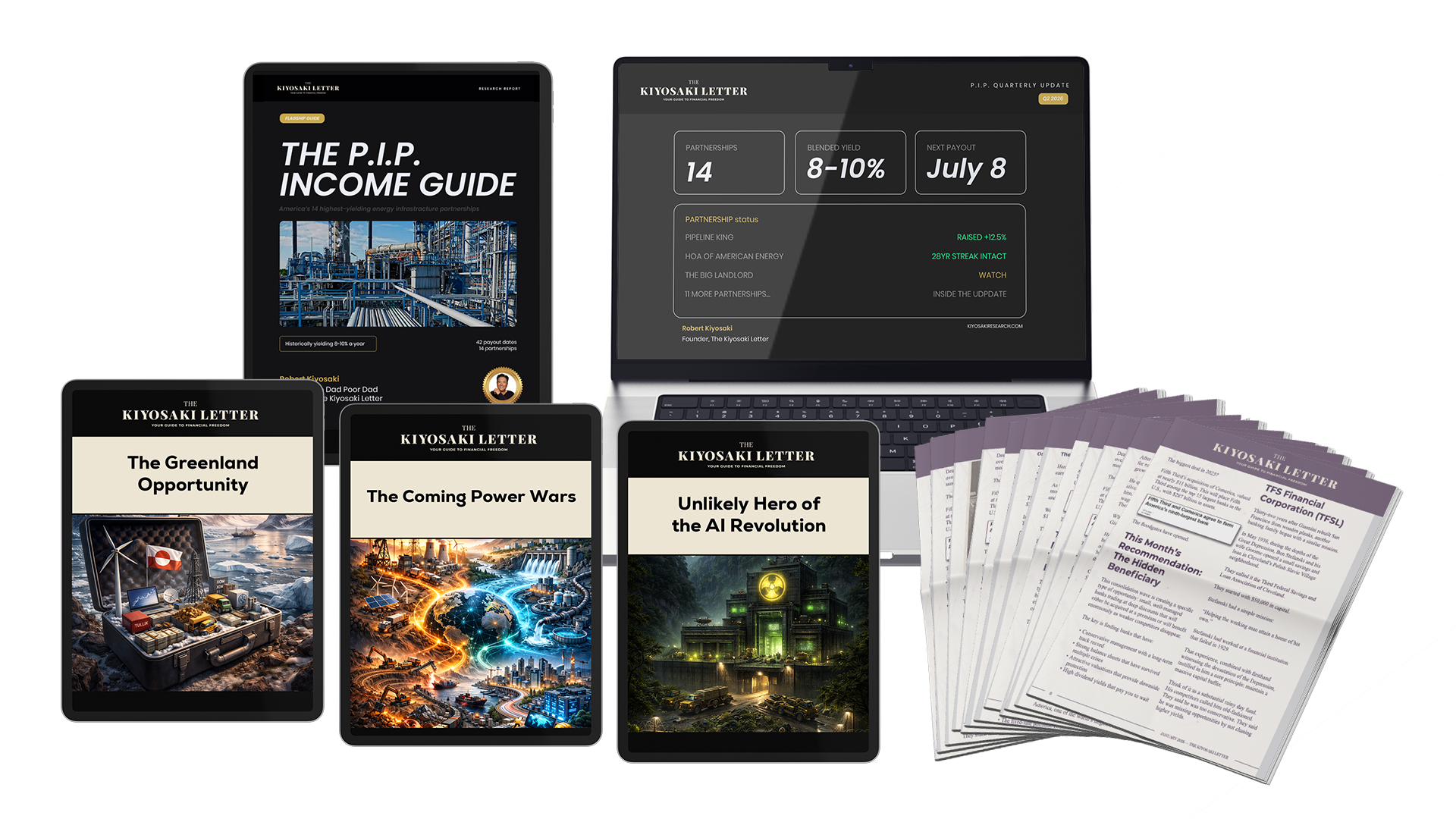 The Kiyosaki Letter — Patriot Income Plan Complete Bundle: 3 Bonus Reports, FAKE Book, P.I.P. Portfolio, Monthly Issues, and Pricing Badges