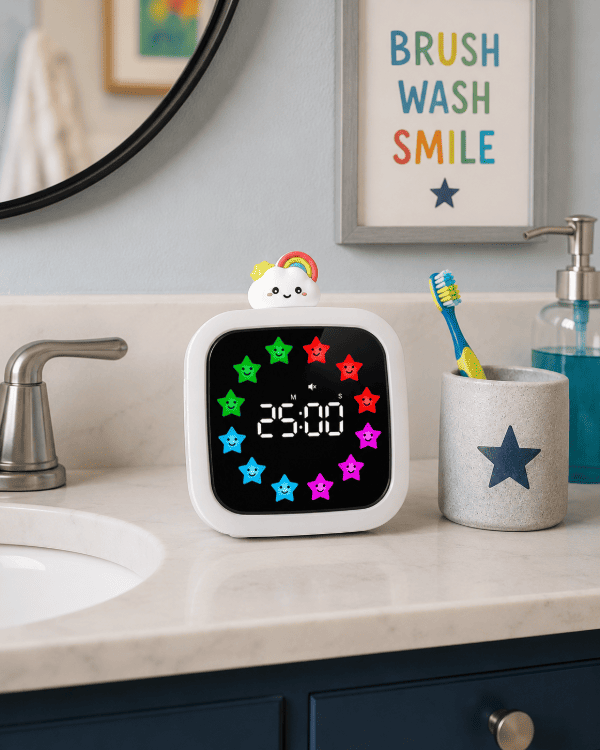 Visual timer on a bathroom counter to help an ADHD child move through the morning routine.