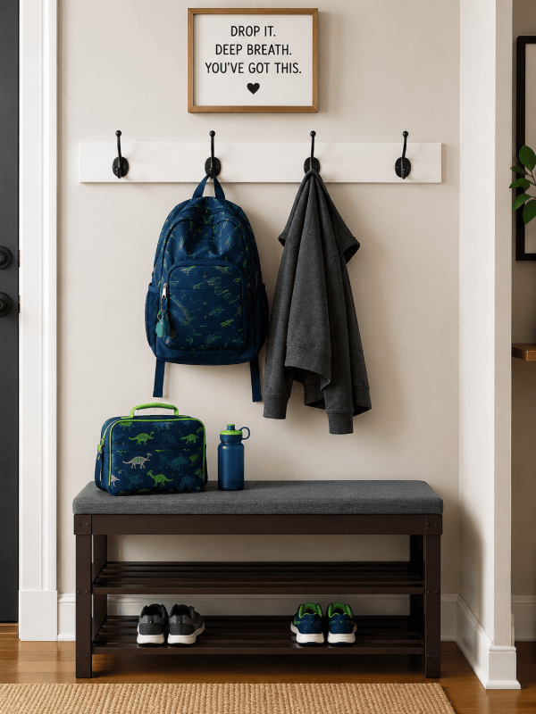 ADHD-friendly landing zone with backpack, shoes, lunchbox, and school checklist by the door.