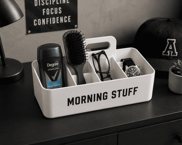 Bedroom morning caddy with deodorant, brush, glasses, and watch for an ADHD teen.