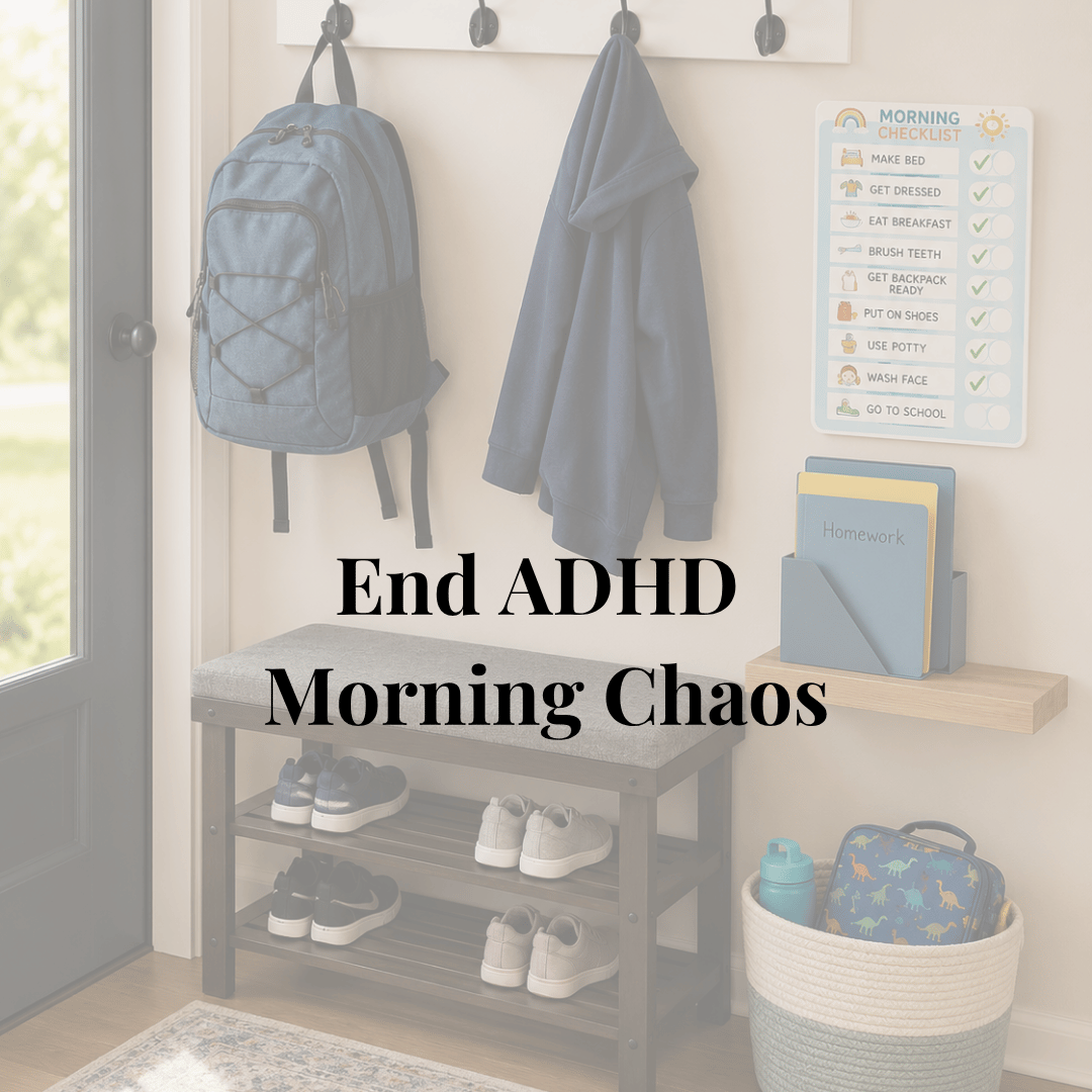 ADHD-friendly landing zone with backpack, shoes, lunchbox, and school checklist by the door.
