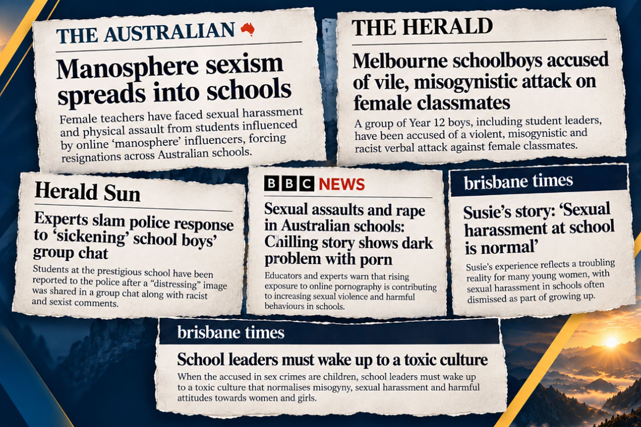 Australian newspaper headlines about the manosphere, sexism and misogyny in schools