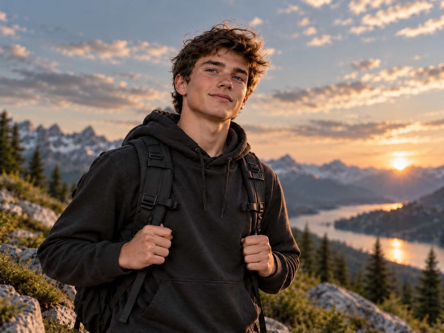 Teenage boy with a backpack looking out over mountains at sunset – TELOS character formation program for boys