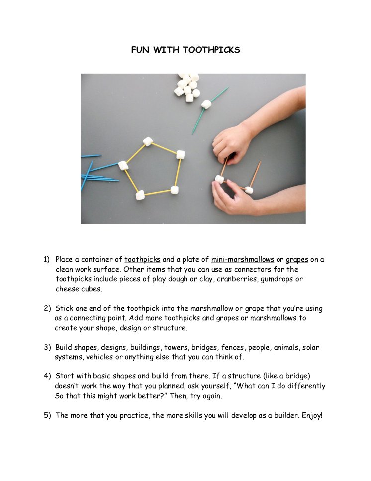 Cover of a worksheet for activities done with toothpicks