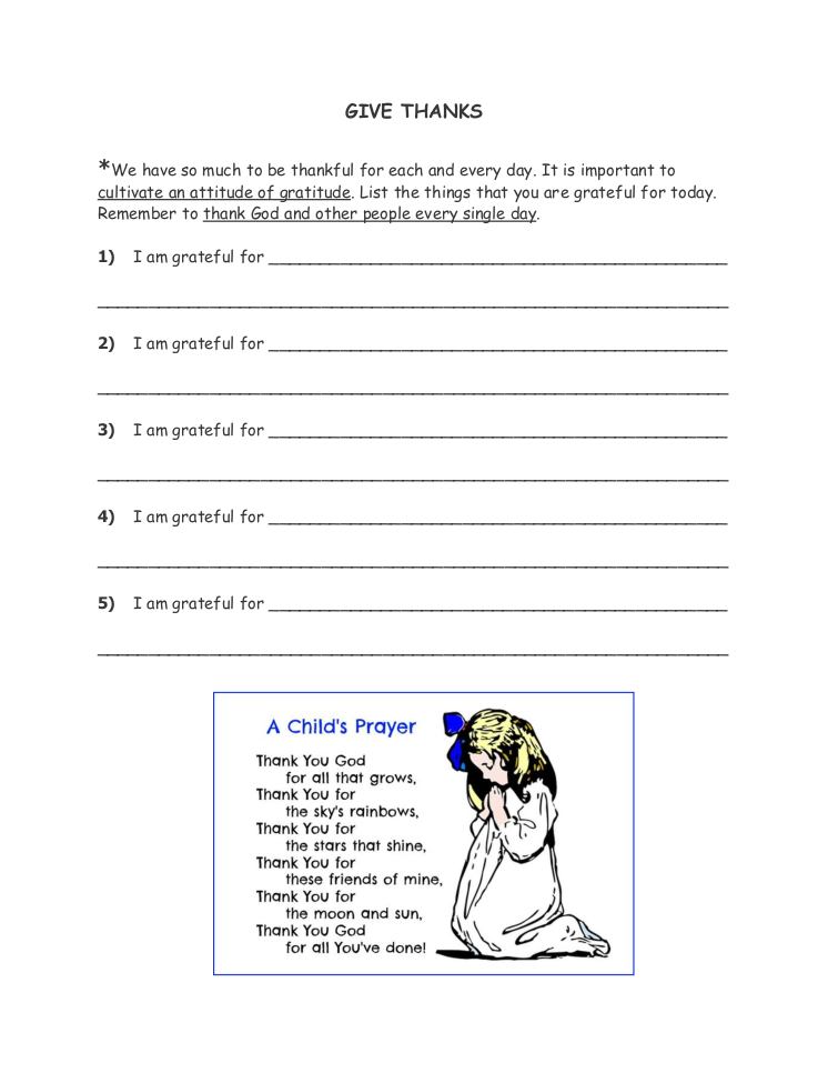 Worksheet to list things that you are thankful for