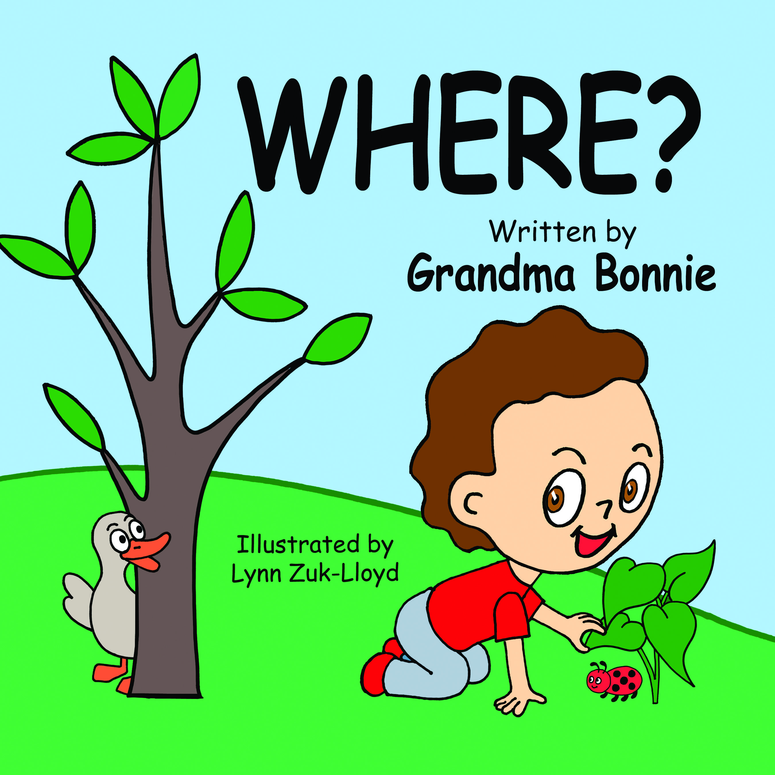 Cover of a book titled "WHERE?" with a child playing in the grass