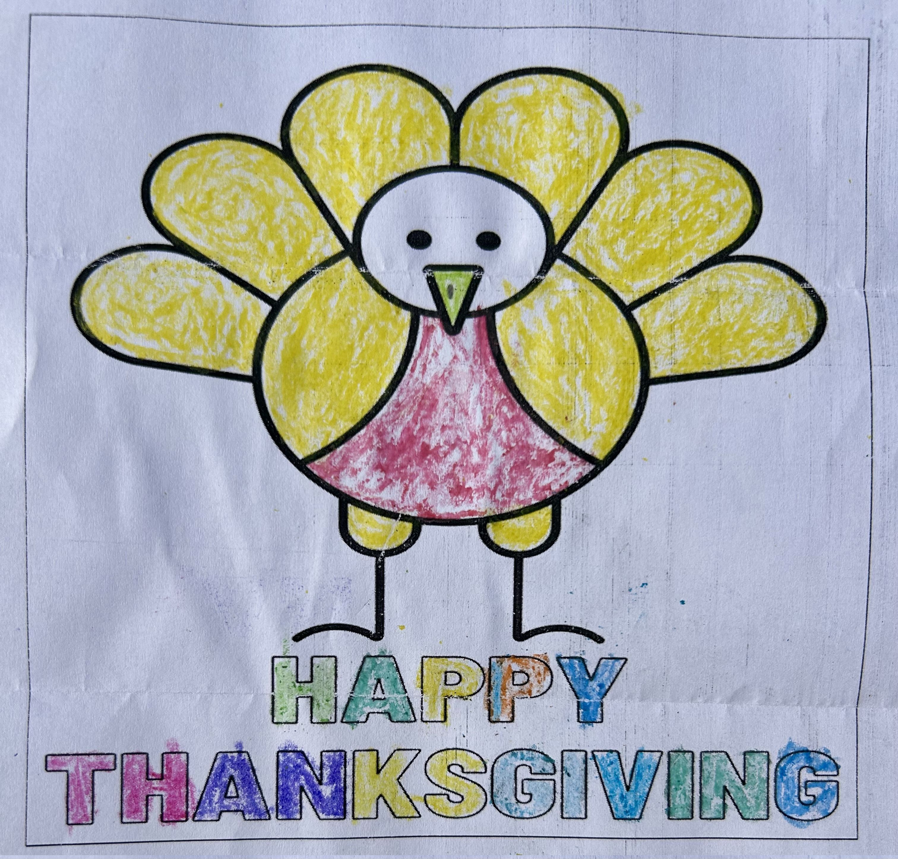 Drawing of a turkey with text that says "HAPPY THANKSGIVING"