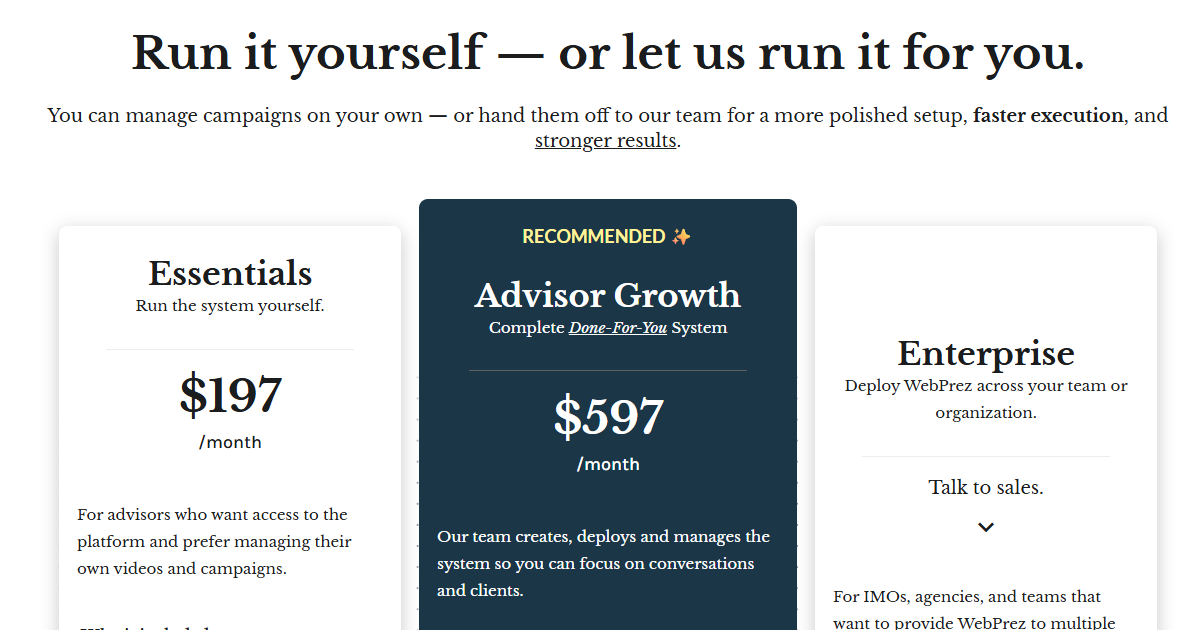 WebPrez Pricing — Advisor Marketing Plans from $197/mo