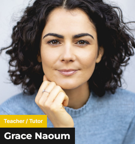 Grace Naoum - A black curly haired woman wearing a blue sweatshirt