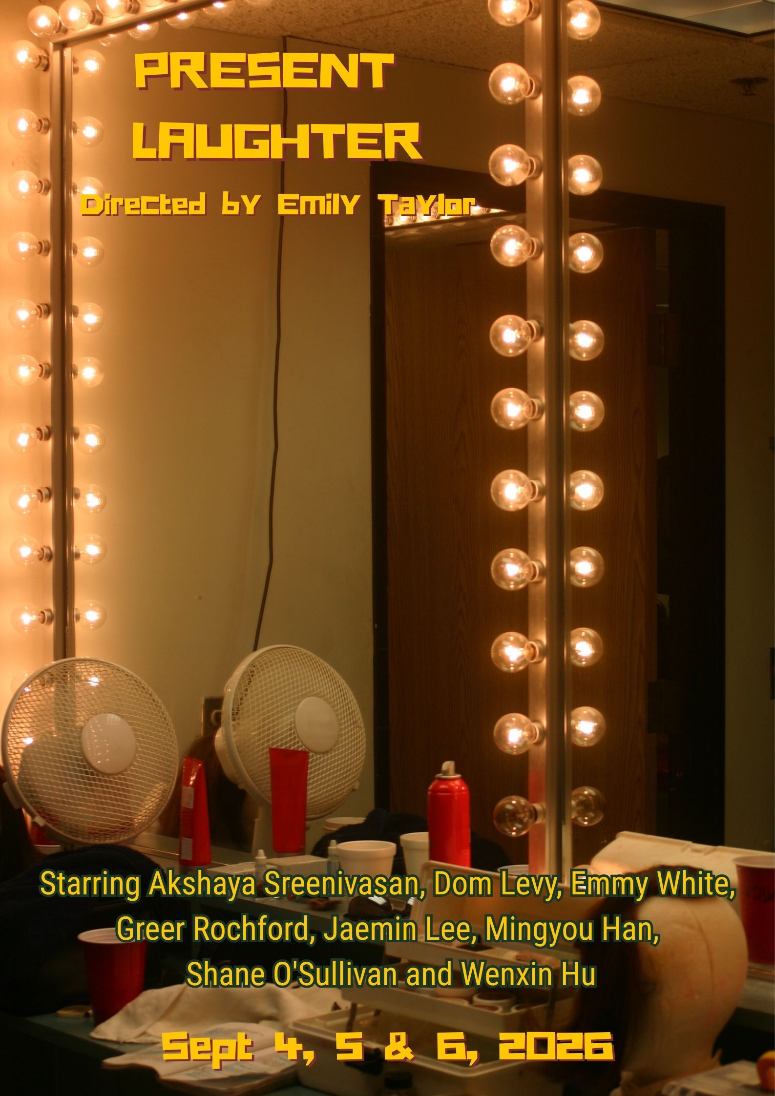 Present Laughter poster with a dressing table and yellow writing