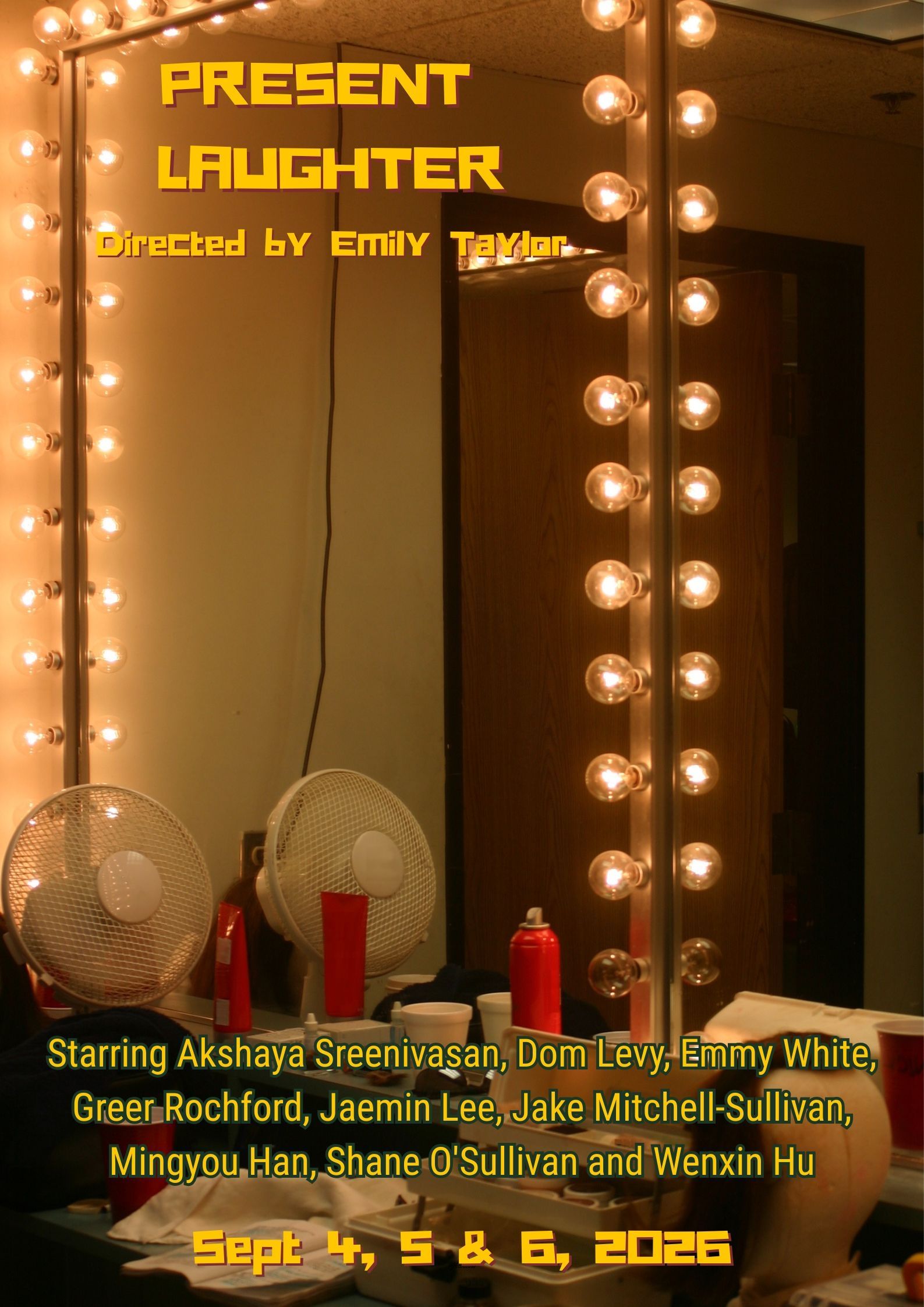 Present Laughter poster with a dressing table and yellow writing