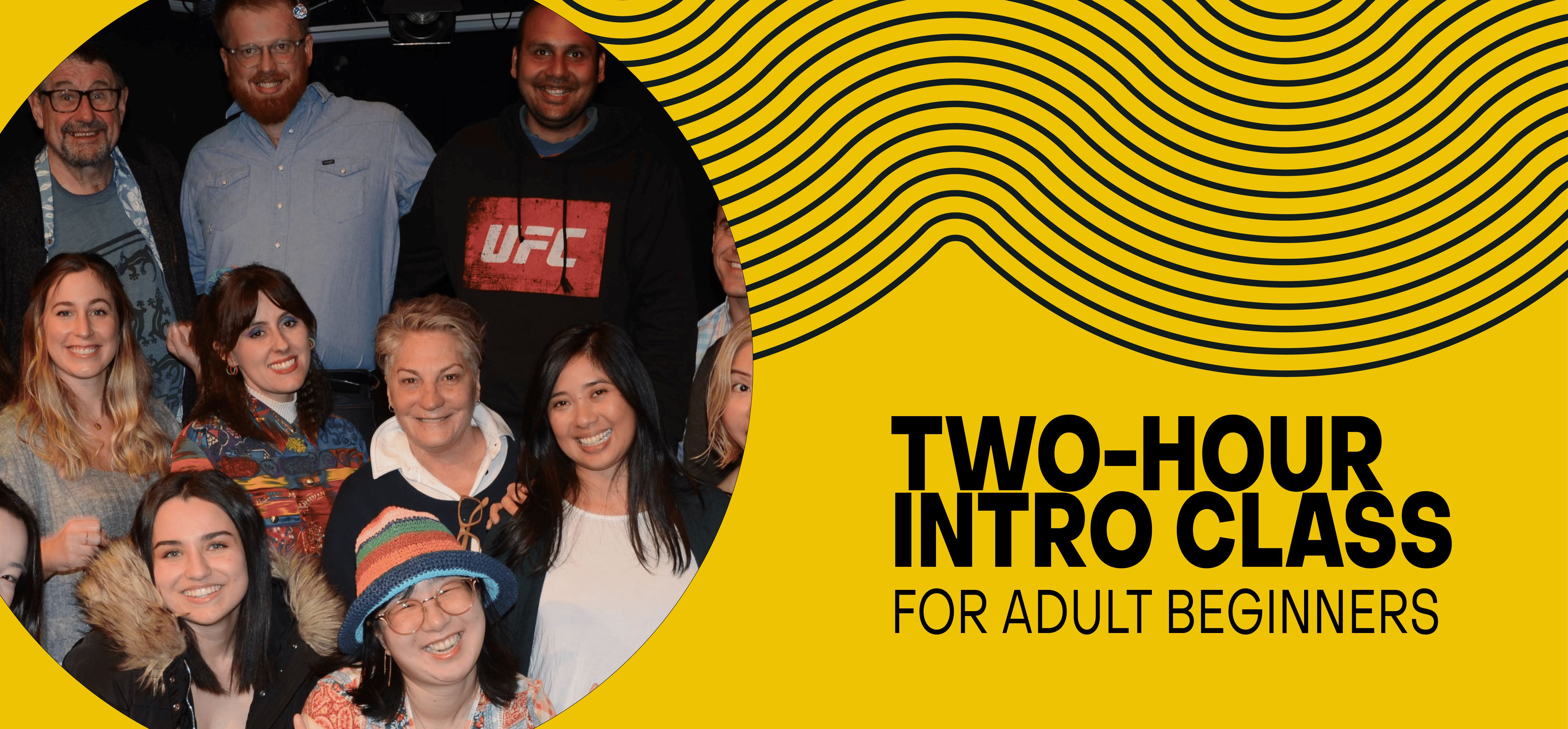 A yellow background with a smiling group of actors doing an acting class in Sydney