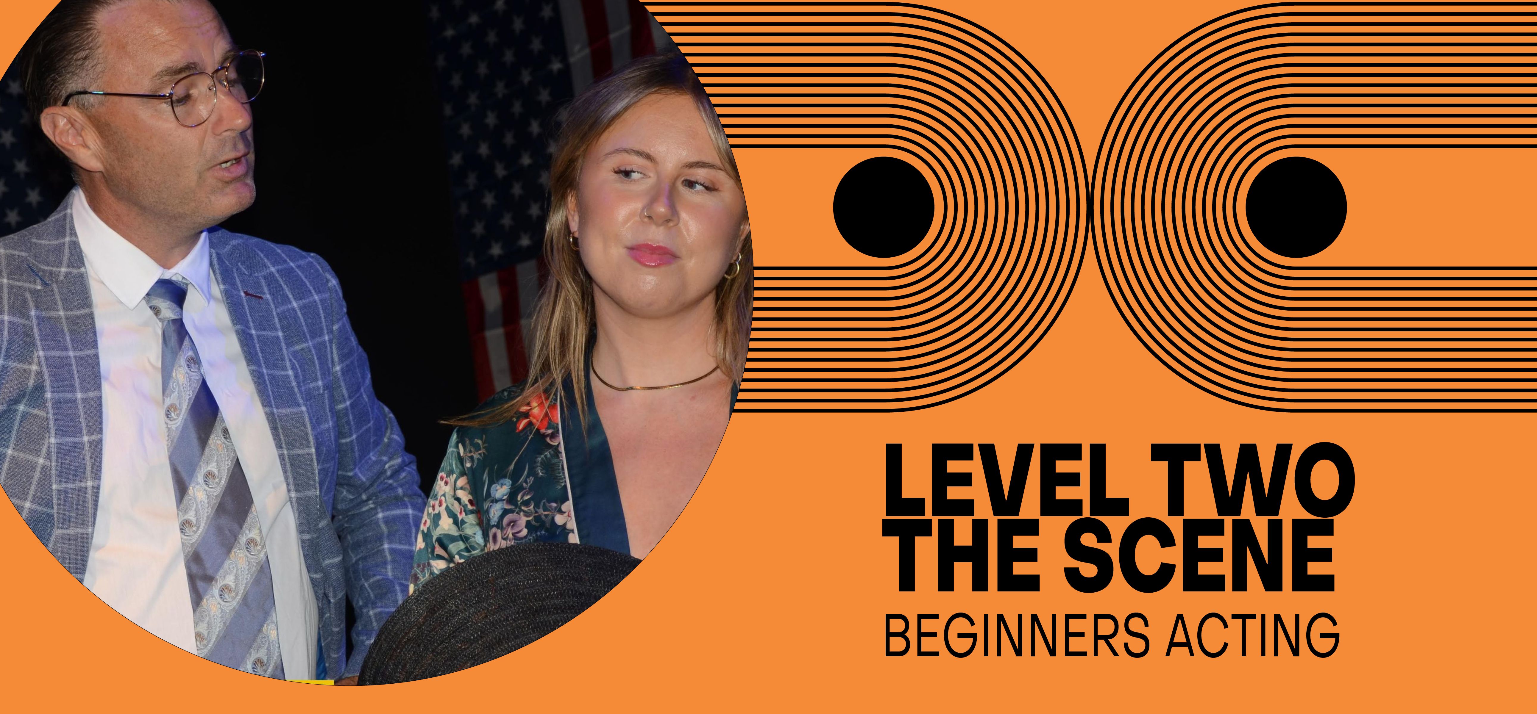 An orange background with a two people doing an acting class in Sydney