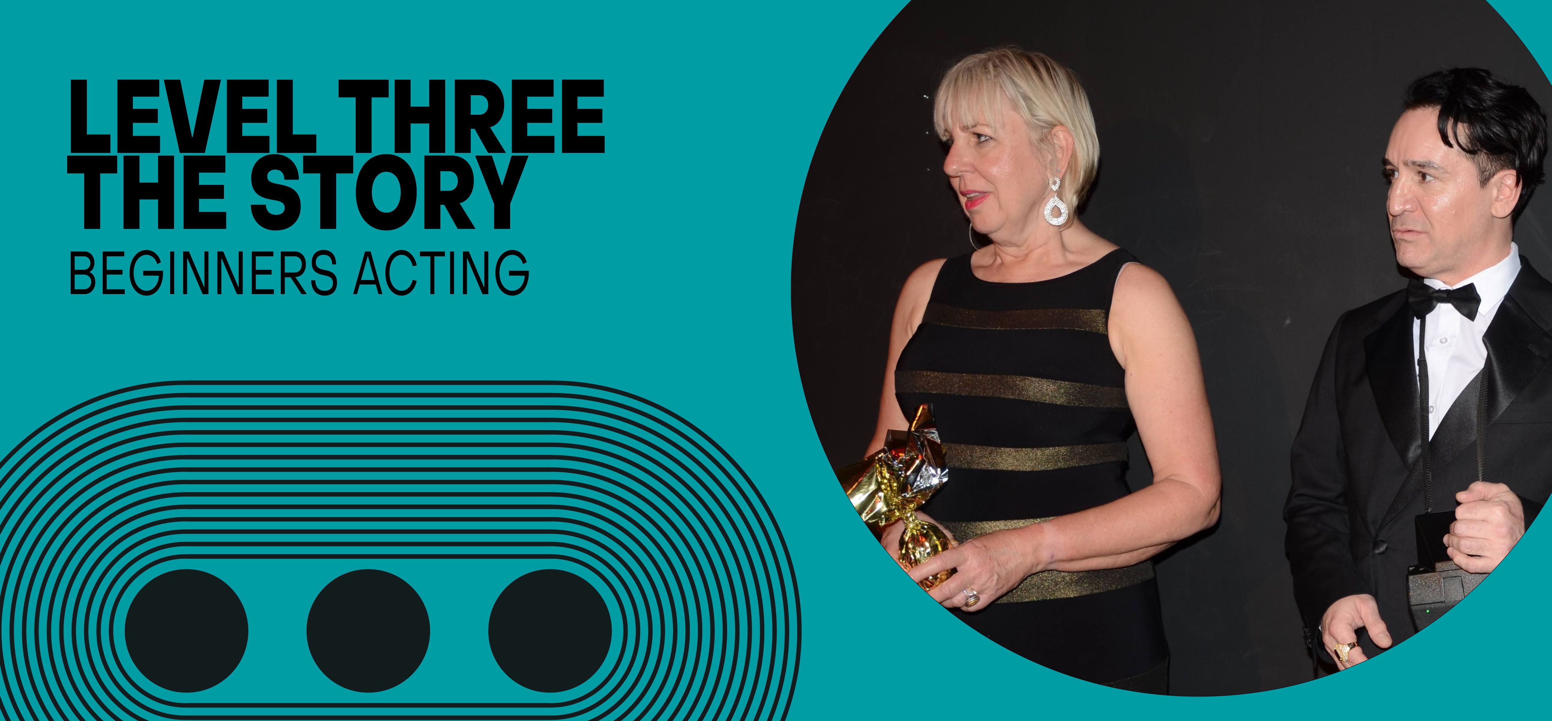 A blue background with a two people doing an acting class in Sydney