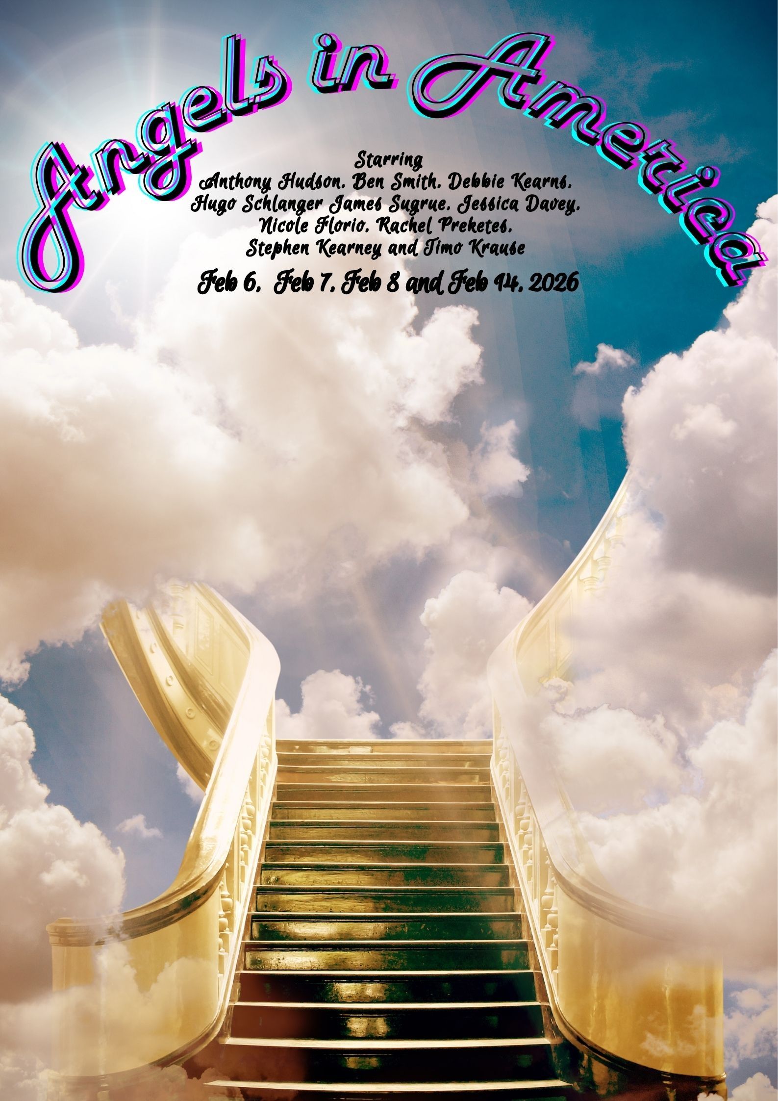 Bright coloured background with clouds and the sun, with text thats says Darlo Drama The Next Big Thing