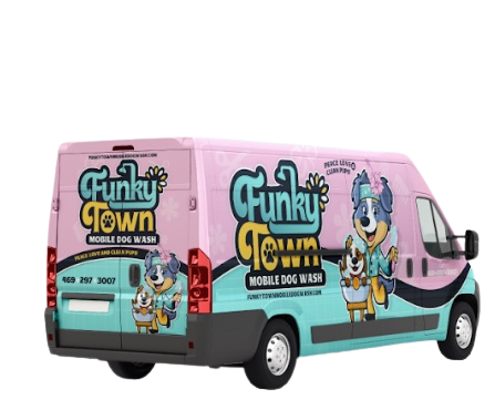 Another side of the colorful FunkyTown Mobile Dog Wash van with retro 70s designs, ready for dog grooming services.
