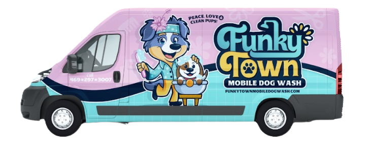 A colorful FunkyTown Mobile Dog Wash van with retro 70s designs, ready for dog grooming services.