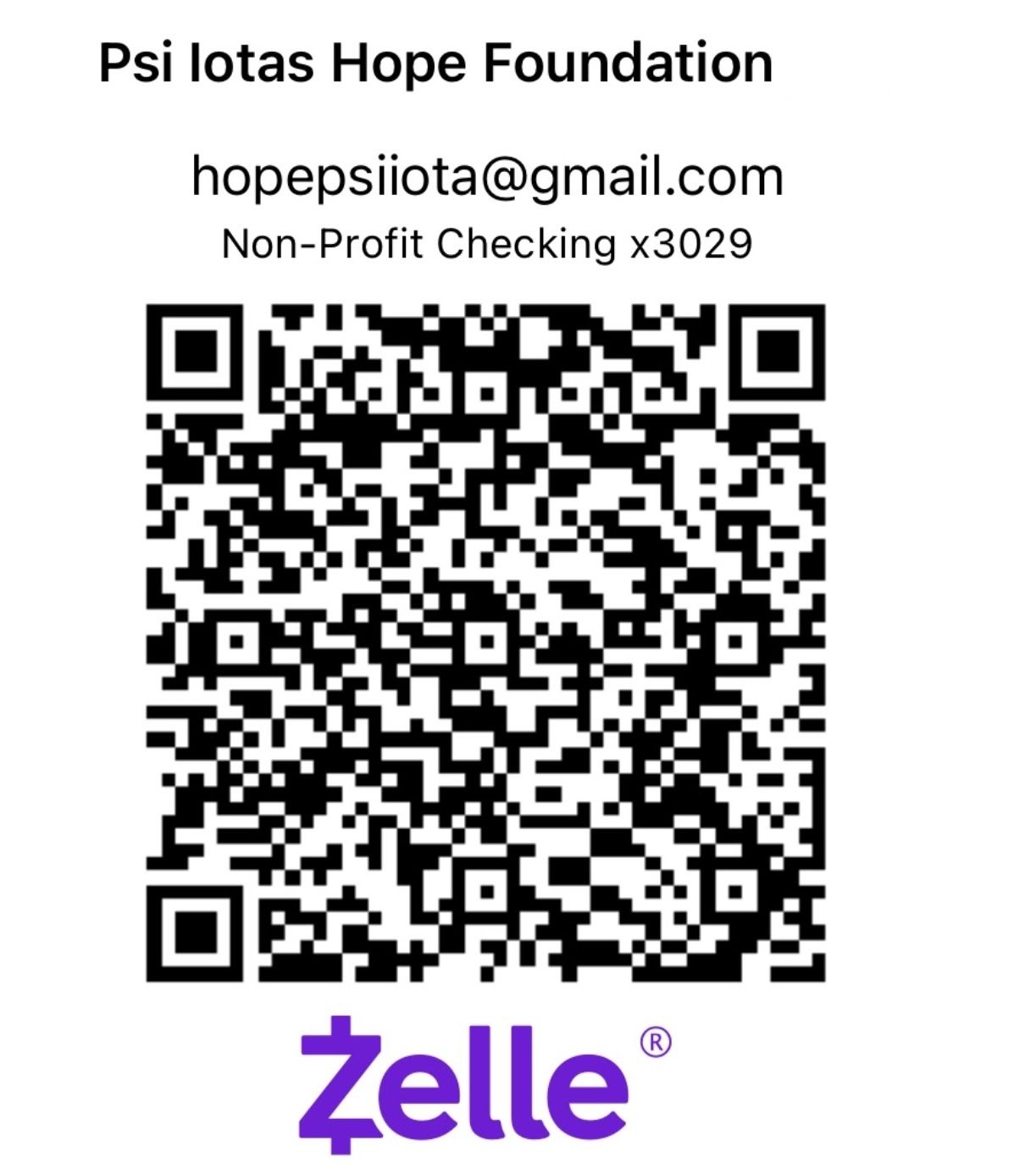 Psiu Iotas Hope Foundation QR code and email address for Zelle