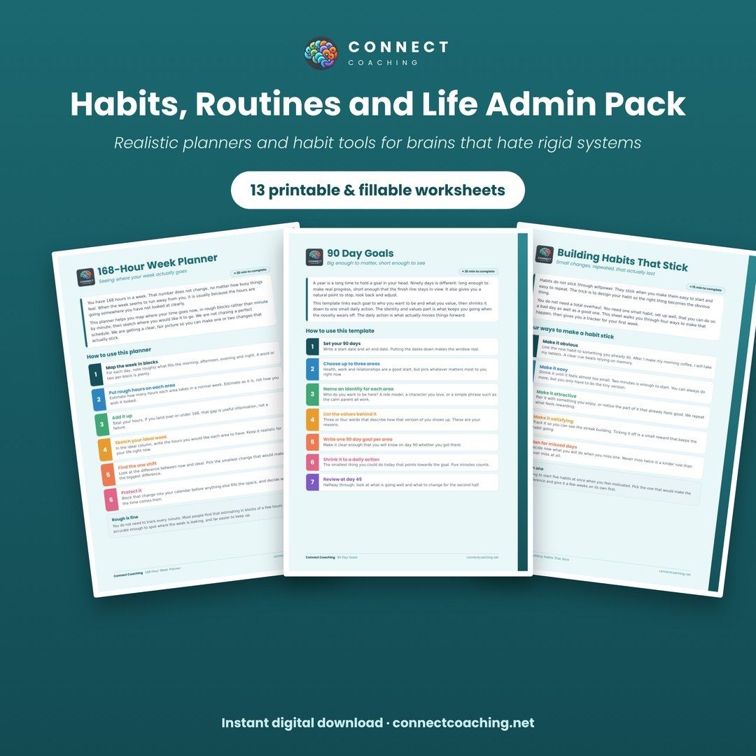 ADHD at Work Toolkit cover showing three of the worksheets: Daily and Weekly Tracker, Understanding ADHD, and ADHD Strategies That Actually Work
