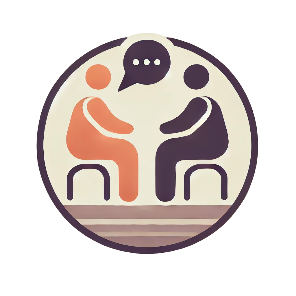 A warm-toned illustration of two people sitting face to face, one orange and one purple, with a speech bubble between them. The image represents a supportive, one-to-one coaching conversation.
